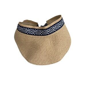 Sea & Grass Straw Visor Natural Tan Navy Blue Geometric Ribbon Tie‎ Roll Up Hat